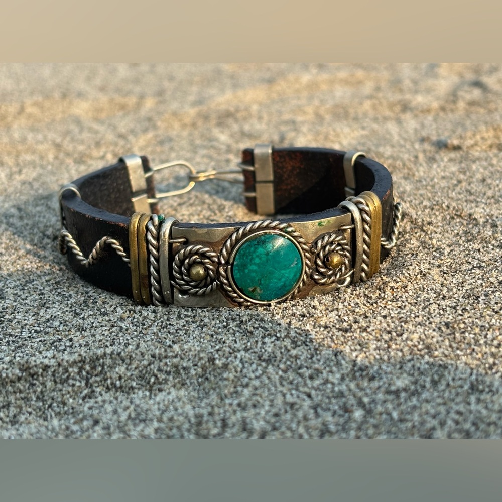 Brutalist Turquoise Leather Cuff Bracelet • Brutalist Artisan Statement • Silver